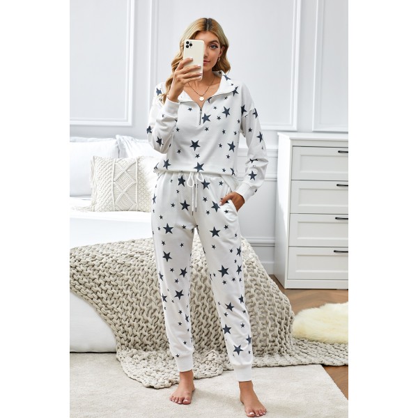 Star Print Zipper Collar Long Sleeve Top and Jogger Loungewear Set