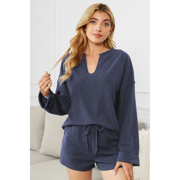 Blue Inverted Knit Pullover Shorts Set