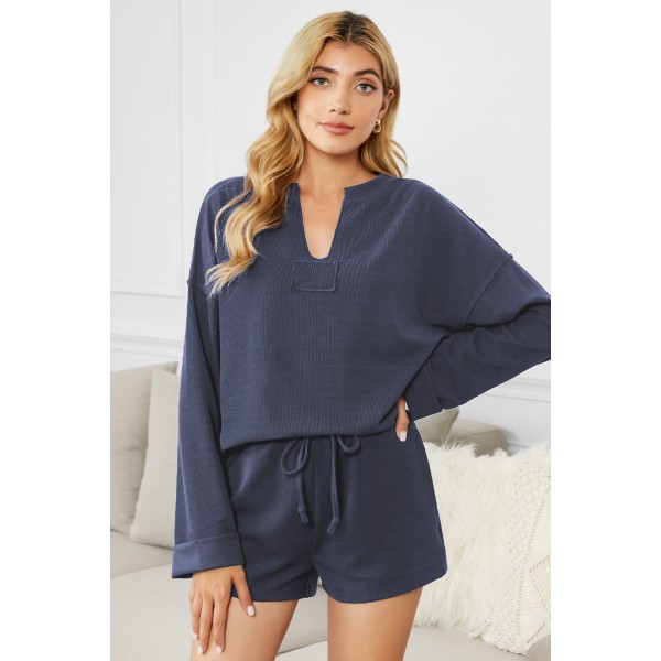 Blue Inverted Knit Pullover Shorts Set