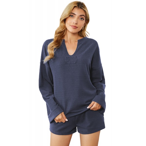 Blue Inverted Knit Pullover Shorts Set