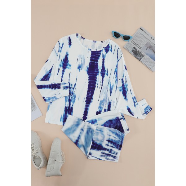 Blue Tie-dye Long Sleeves Shorts Slouchy Set