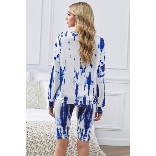 Blue Tie-dye Long Sleeves Shorts Slouchy Set