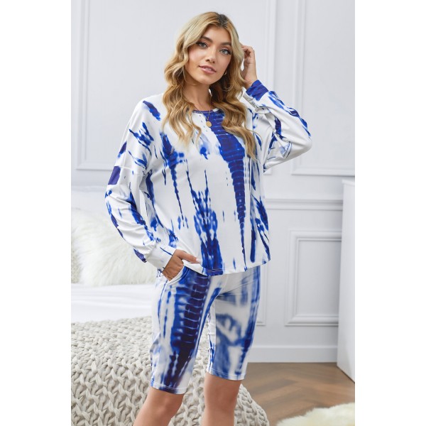 Blue Tie-dye Long Sleeves Shorts Slouchy Set