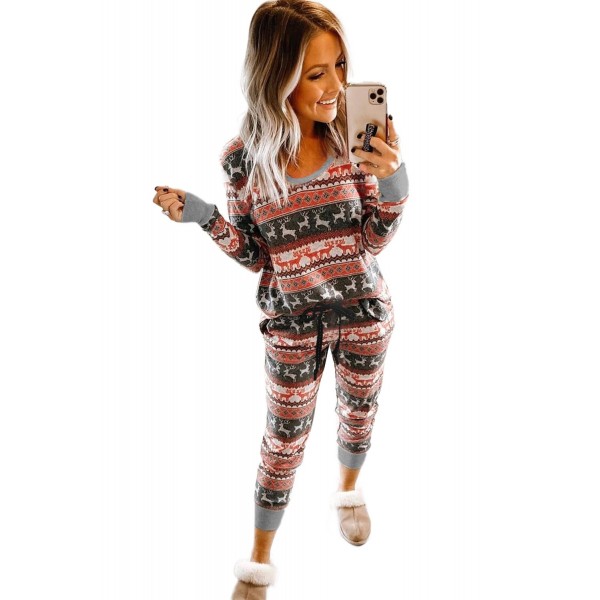 Reindeer Run Print Long Sleeve Top & Drawstring Pants Loungewear Set