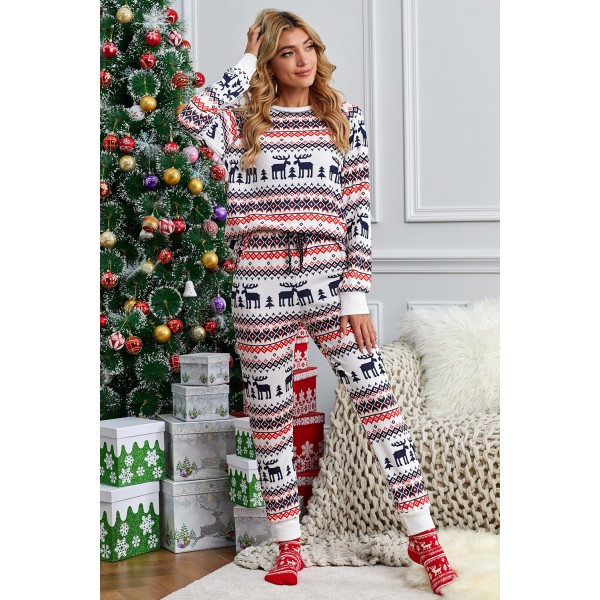 Gray Reindeer Run Print Long Sleeve Top & Drawstring Pants Loungewear Set