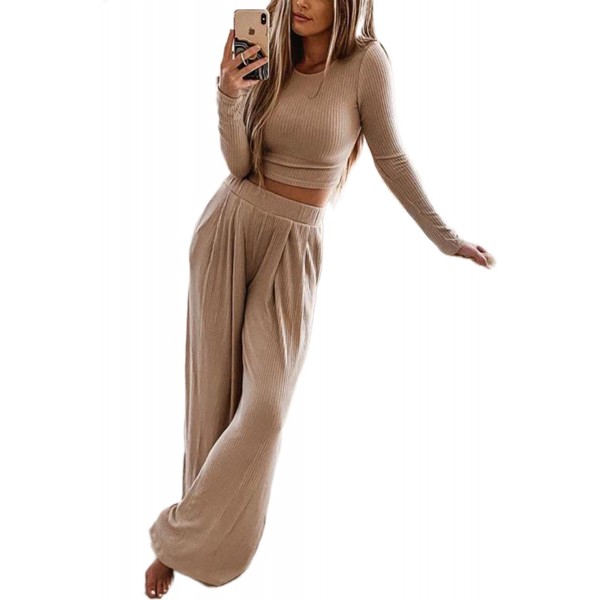 Khaki Long Sleeve Knit Cropped Top & Wide Leg Pants Loungewear