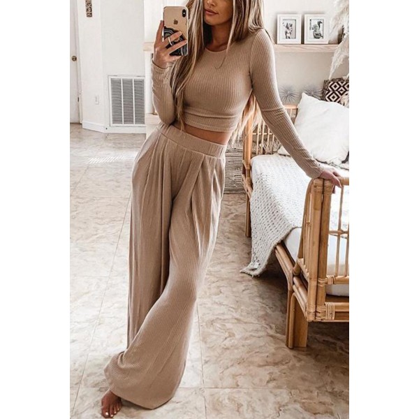 Khaki Long Sleeve Knit Cropped Top & Wide Leg Pants Loungewear