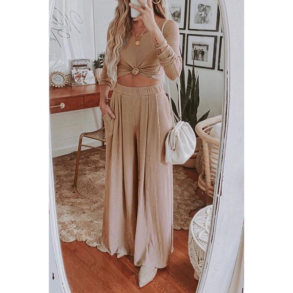 Khaki Long Sleeve Knit Cropped Top & Wide Leg Pants Loungewear