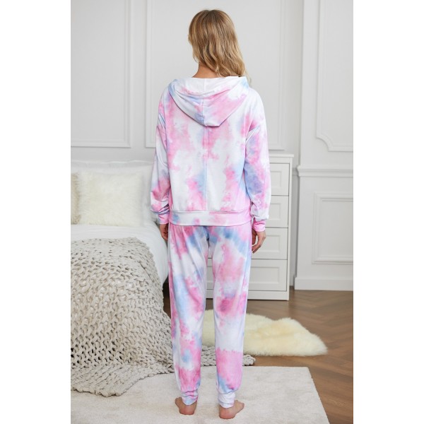 Pink Shut-eye Pocketed Tie-dye Knit Hooded Joggers Set