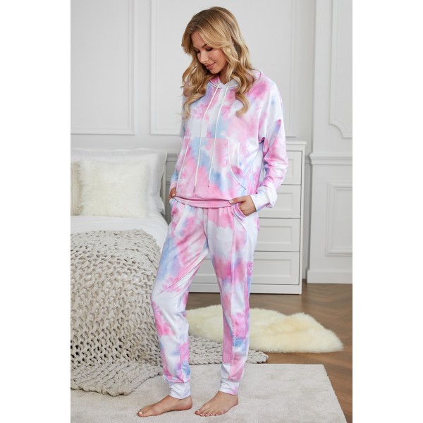 Pink Shut-eye Pocketed Tie-dye Knit Hooded Joggers Set