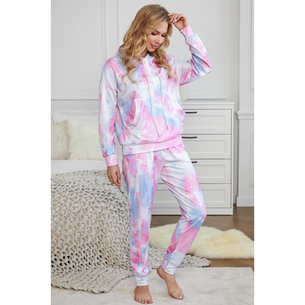 Pink Shut-eye Pocketed Tie-dye Knit Hooded Joggers Set