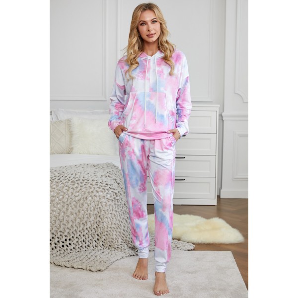 Pink Shut-eye Pocketed Tie-dye Knit Hooded Joggers Set