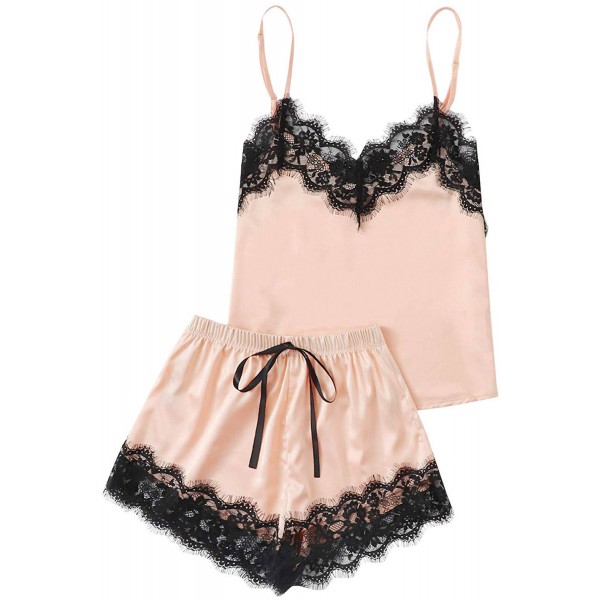 Apricot Lace Satin Sleepwear Cami Top and Shorts Pajama Set