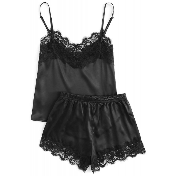 Black Lace Satin Sleepwear Cami Top and Shorts Pajama Set