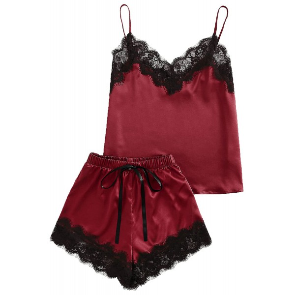 Wine Lace Satin Sleepwear Cami Top and Shorts Pajama Set