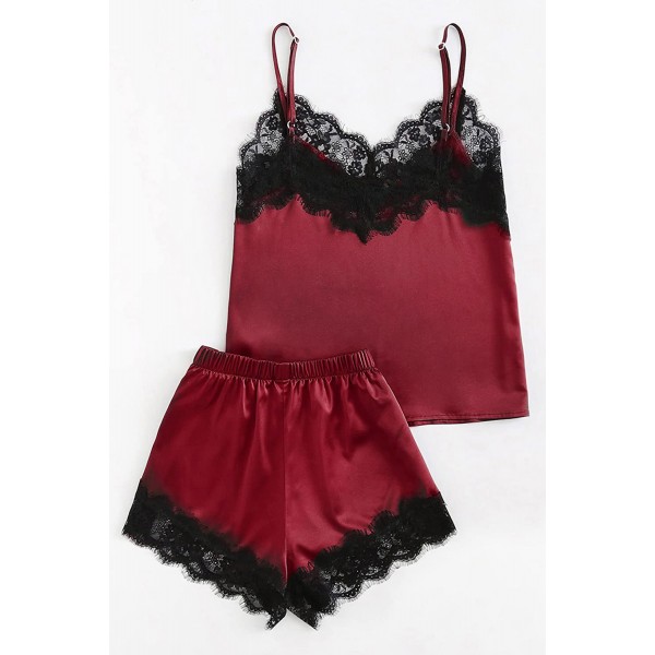 Wine Lace Satin Sleepwear Cami Top and Shorts Pajama Set