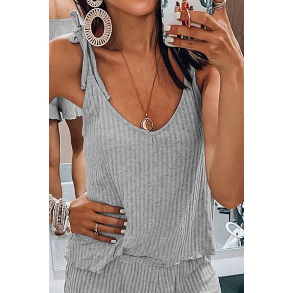 Gray Ribbed Knit Tank Shorts Set