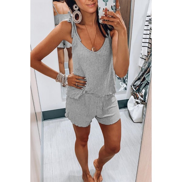 Gray Ribbed Knit Tank Shorts Set