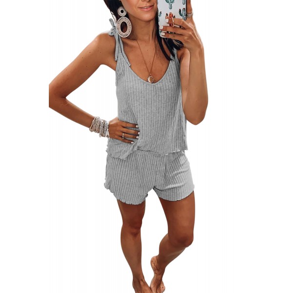 Gray Ribbed Knit Tank Shorts Set