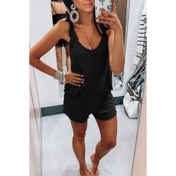 Black Ribbed Knit Tank Shorts Set