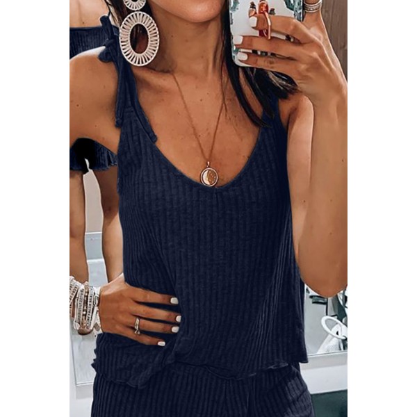 Blue Ribbed Knit Tank Shorts Set