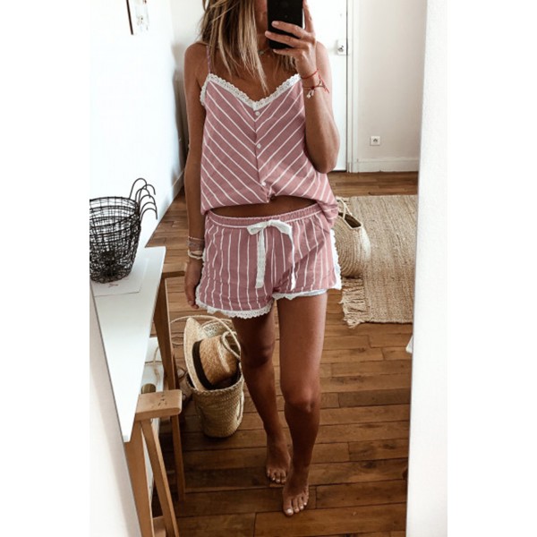 Pink Stripes Frill Trim Cami Pajamas Set