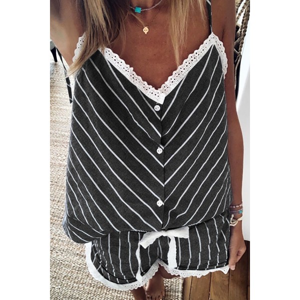 Black Stripes Frill Trim Cami Pajamas Set