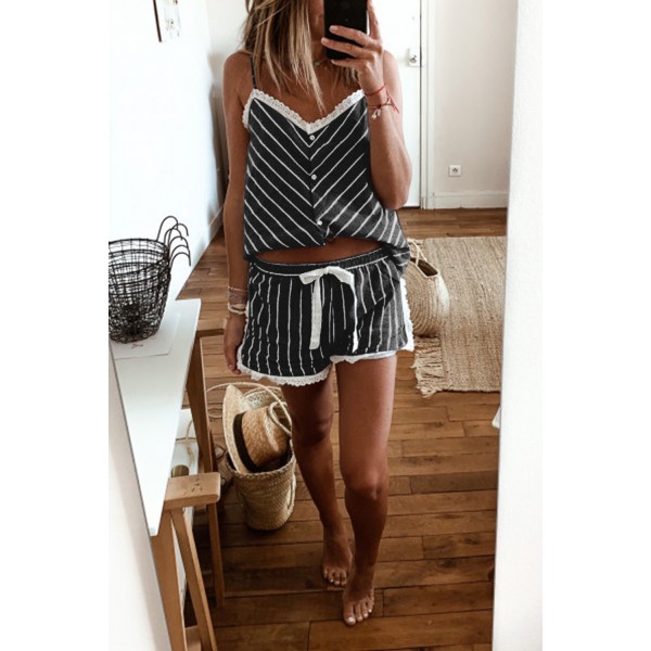 Black Stripes Frill Trim Cami Pajamas Se...