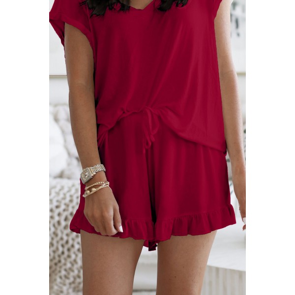 Red Super Soft T-shirt Ruffle Shorts Pajamas Set