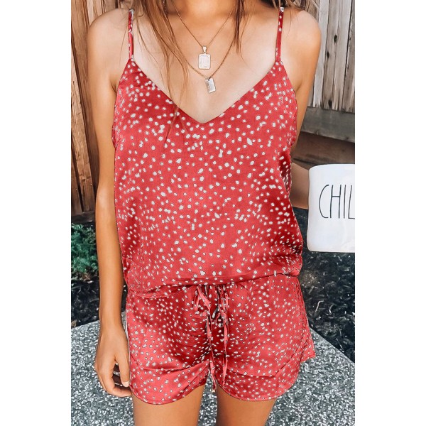 Red Dotted Satin Cami And Shorts Pajamas Set