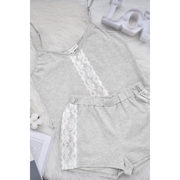 Gray Lace Splice Longue Camisole Shorts Pajamas Set