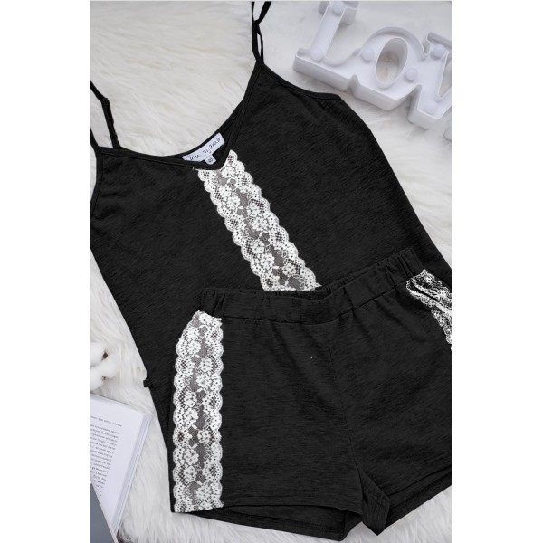 Black Lace Splice Longue Camisole Shorts Pajamas Set