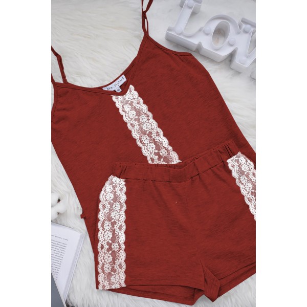 Red Lace Splice Longue Camisole Shorts Pajamas Set