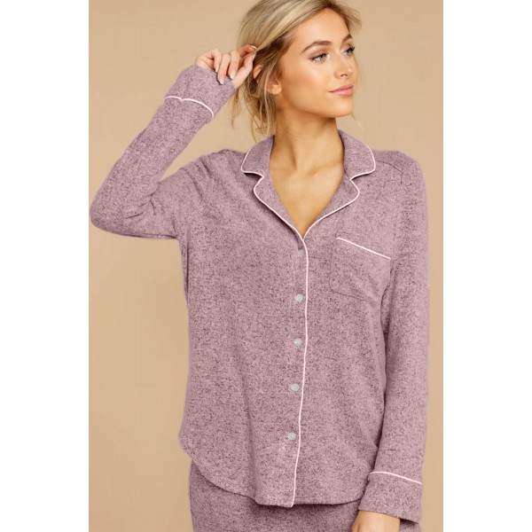 Pink Long Sleeve Drawstring Button Loungewear