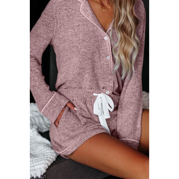 Pink Long Sleeve Drawstring Button Loungewear