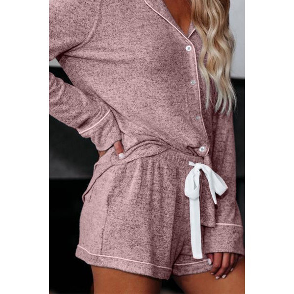 Pink Long Sleeve Drawstring Button Loungewear