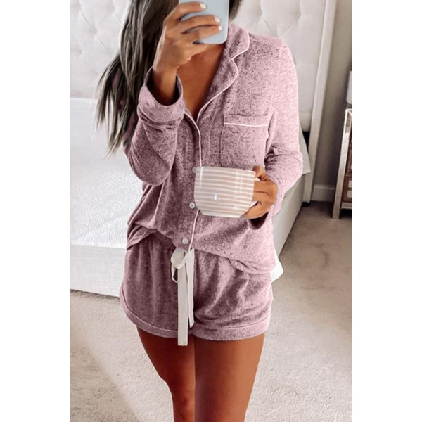 Pink Long Sleeve Drawstring Button Loung...