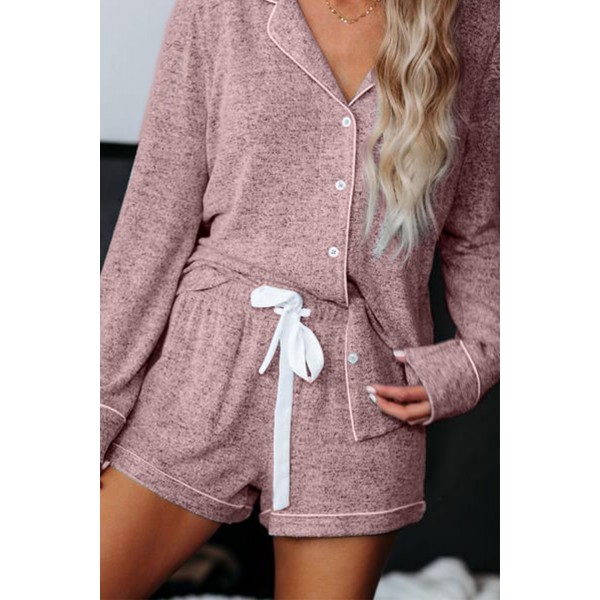 Pink Long Sleeve Drawstring Button Loungewear