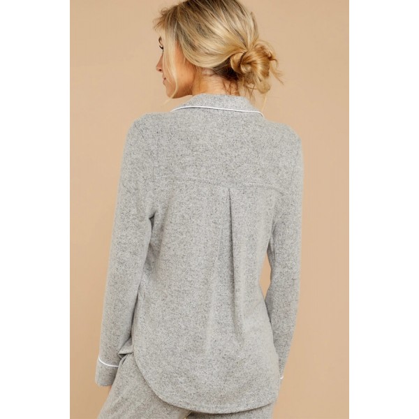 Gray Long Sleeve Drawstring Button Loungewear