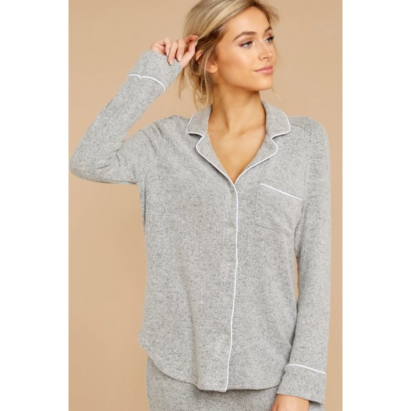 Gray Long Sleeve Drawstring Button Loungewear