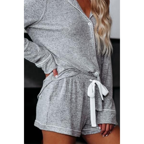 Gray Long Sleeve Drawstring Button Loungewear