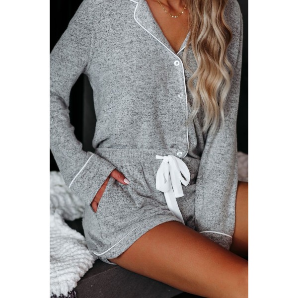 Gray Long Sleeve Drawstring Button Loungewear