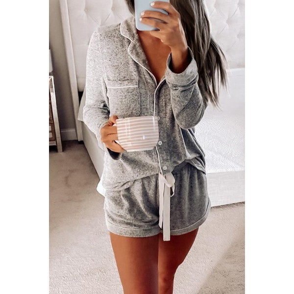 Gray Long Sleeve Drawstring Button Loung...