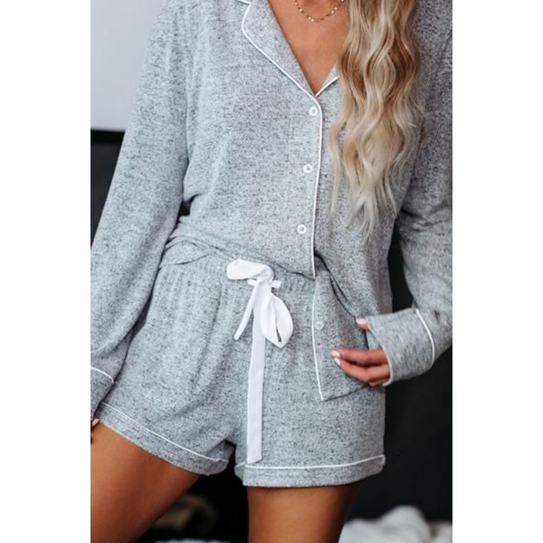 Gray Long Sleeve Drawstring Button Loungewear