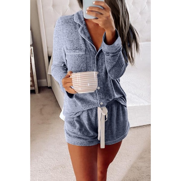 Blue Long Sleeve Drawstring Button Loung...