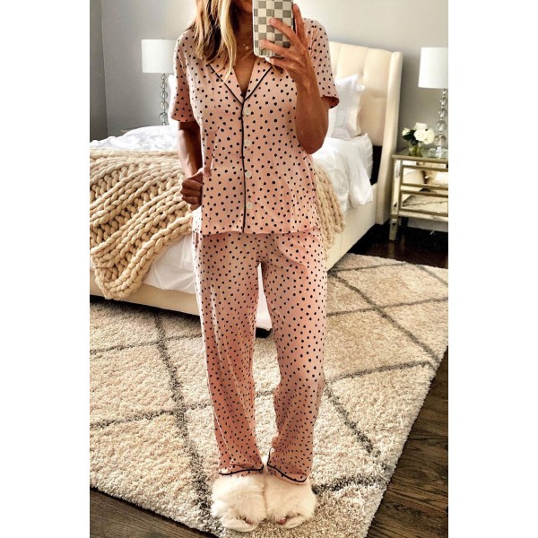 Pink Dotted Print Notched Collar Pajamas...