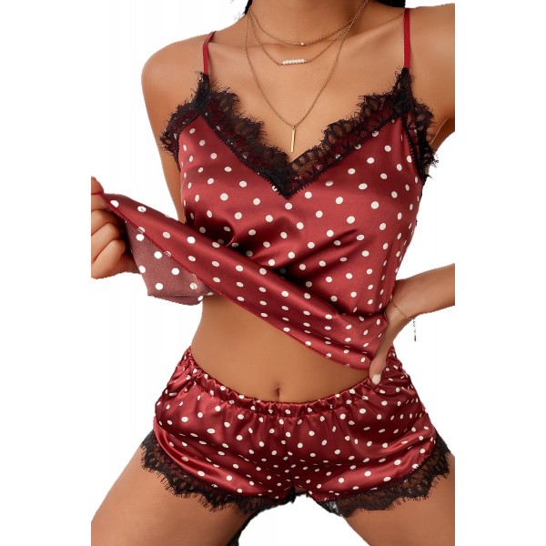 V Neck Sleeveless Lace Polka Dot Pajamas Set