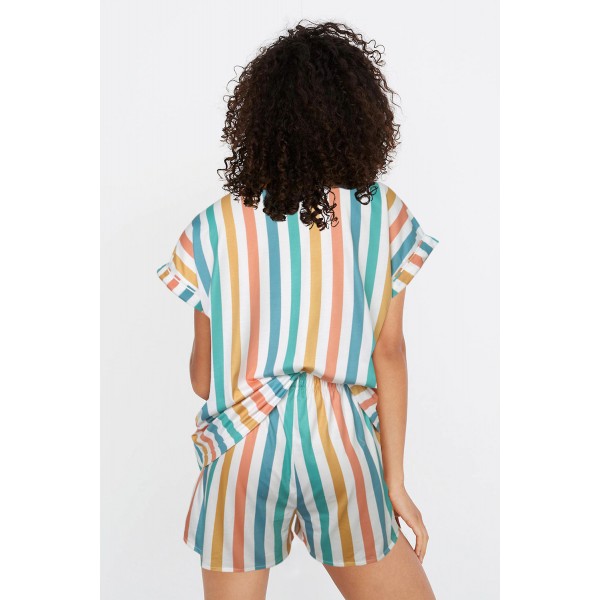 Multicolor Striped Turn-down Collared Pajamas Set