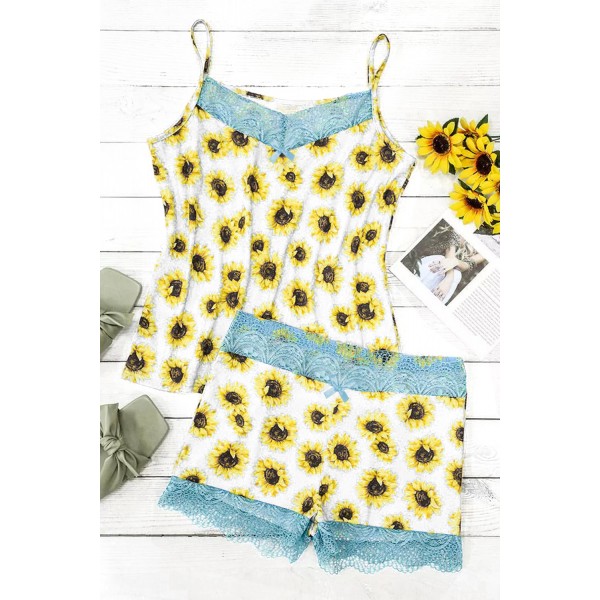 White Lace Trim Sunflower Camisole And Shorts Pajamas Set