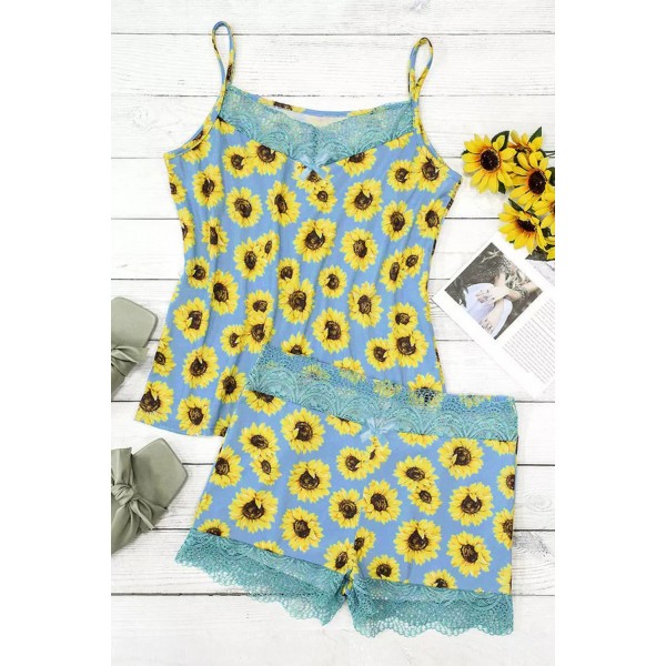 Blue Lace Trim Sunflower Camisole And Shorts Pajamas Set